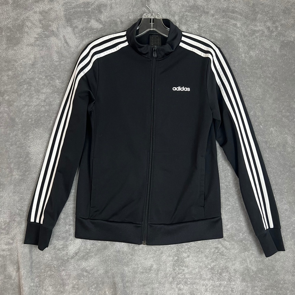 Adidas Athletic Track Jacket Womens S Black 3 Strip Full Zip Classic Performance